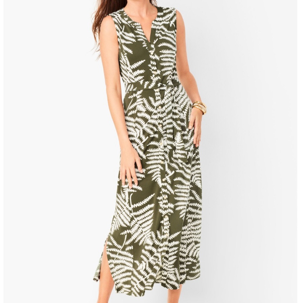 Talbots PETITE Olive Fern Print Maxi Dress